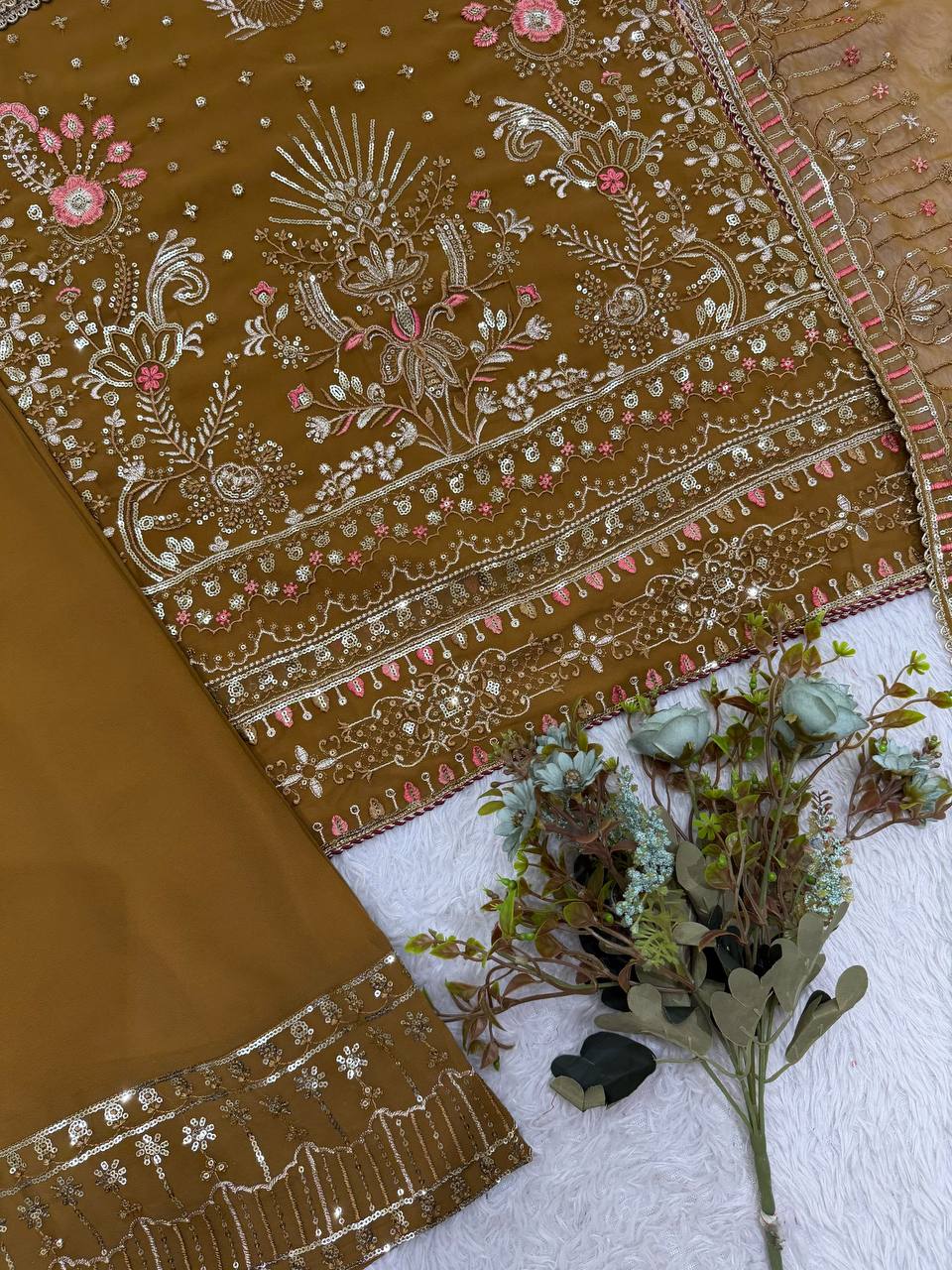Antique Bronze Brown Embroidered Palazzo Suit with Dupatta