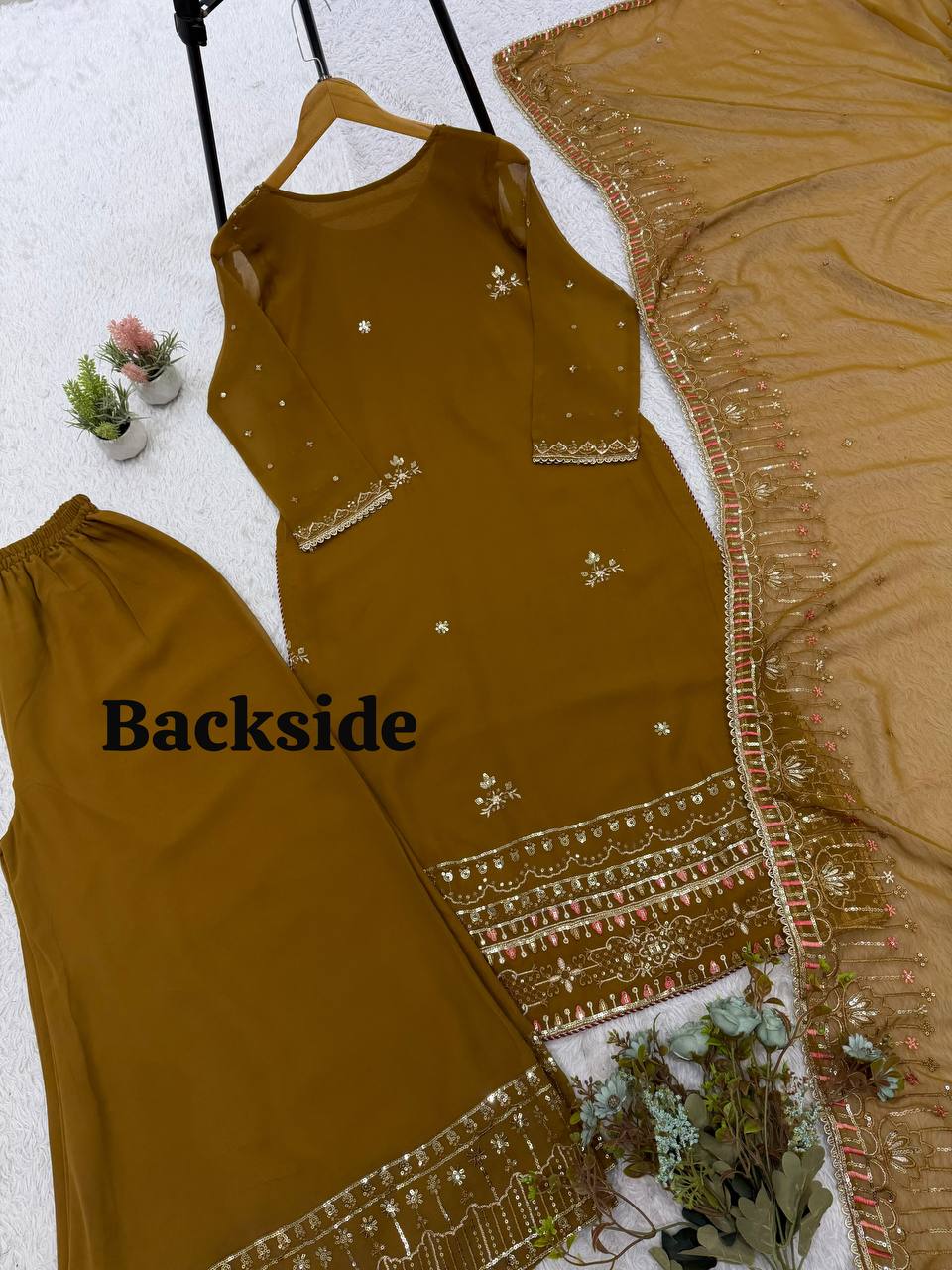Antique Bronze Brown Embroidered Palazzo Suit with Dupatta