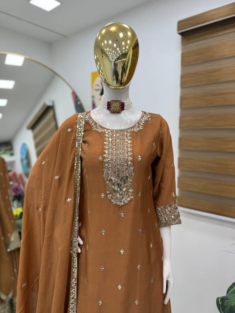 Brown Color Embroidery with Sequins Work Sharara Suit