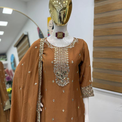 Brown Color Embroidery with Sequins Work Sharara Suit