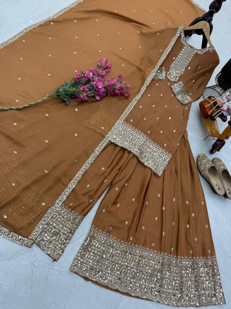 Brown Color Embroidery with Sequins Work Sharara Suit