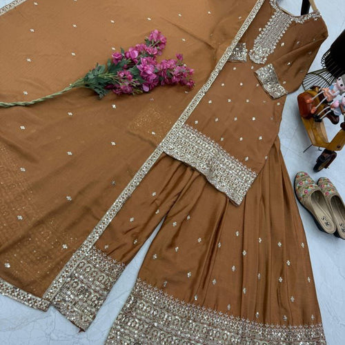 Brown Color Embroidery with Sequins Work Sharara Suit