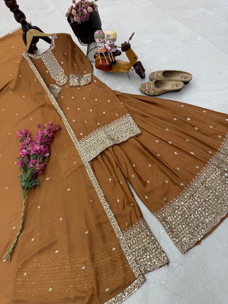 Brown Color Embroidery with Sequins Work Sharara Suit