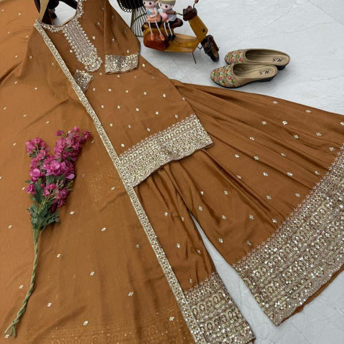 Brown Color Embroidery with Sequins Work Sharara Suit