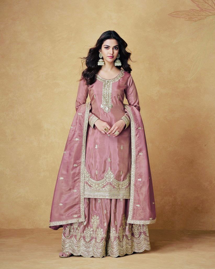 Pink Color Embroidery with Sequins Work Sharara Suit