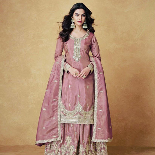 Pink Color Embroidery with Sequins Work Sharara Suit