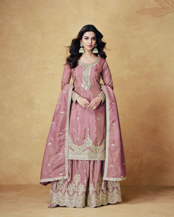 Pink Color Embroidery with Sequins Work Sharara Suit