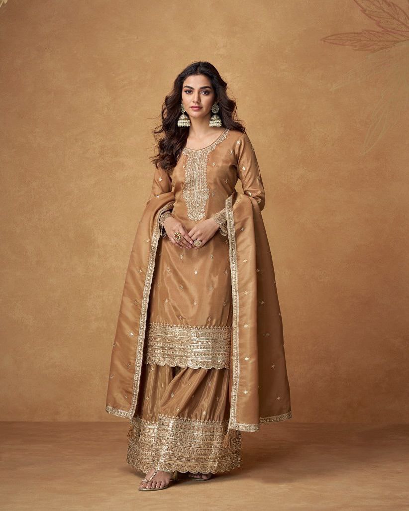 Brown Color Embroidery with Sequins Work Sharara Suit