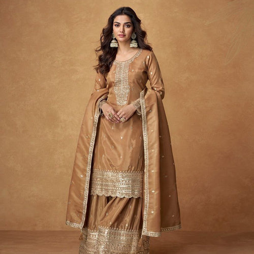 Brown Color Embroidery with Sequins Work Sharara Suit