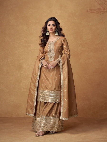 Brown Color Embroidery with Sequins Work Sharara Suit
