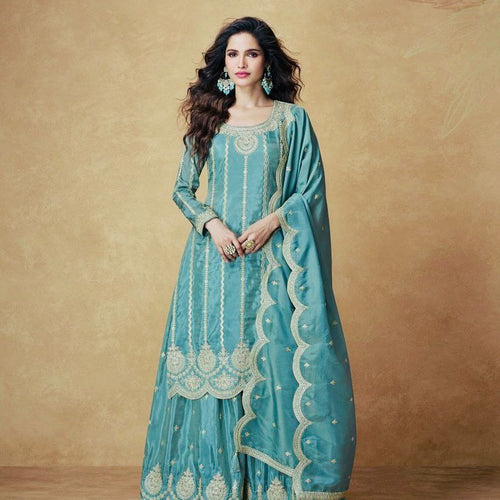 Sky Blue Color Embroidery with Sequins Work Sharara Suit