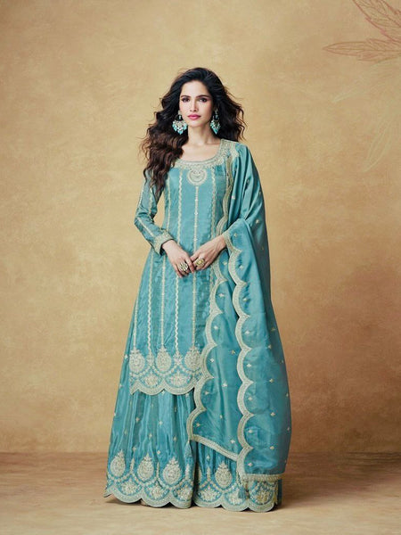 Sky Blue Color Embroidery with Sequins Work Sharara Suit
