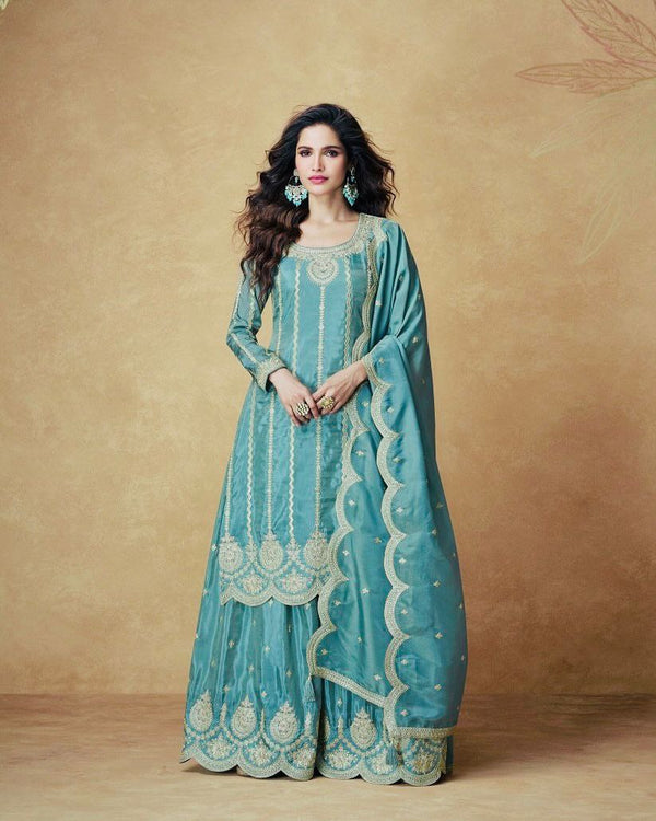 Sky Blue Color Embroidery with Sequins Work Sharara Suit
