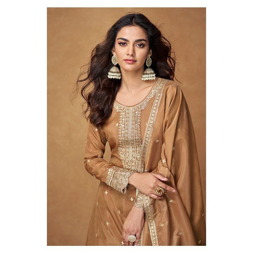 Brown Color Embroidery with Sequins Work Sharara Suit