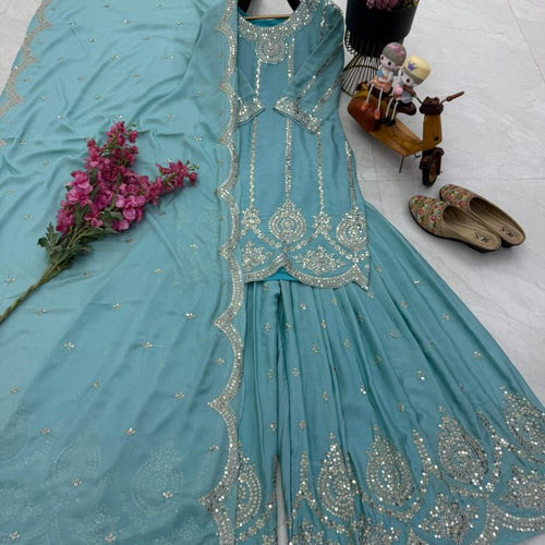 Sky Blue Color Embroidery with Sequins Work Sharara Suit