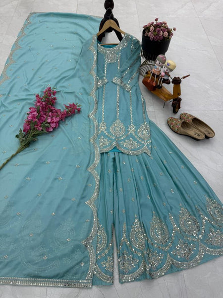Sky Blue Color Embroidery with Sequins Work Sharara Suit