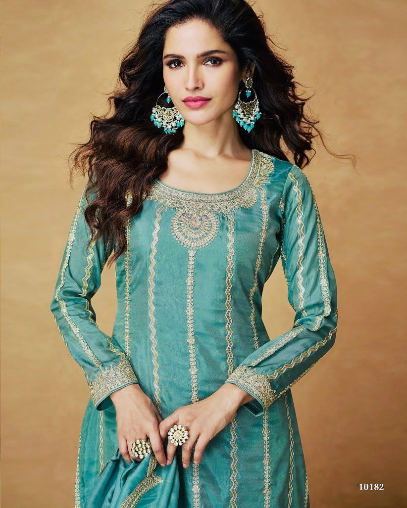 Sky Blue Color Embroidery with Sequins Work Sharara Suit