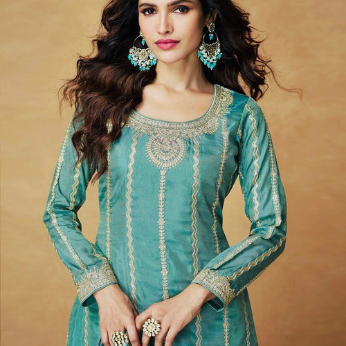 Sky Blue Color Embroidery with Sequins Work Sharara Suit