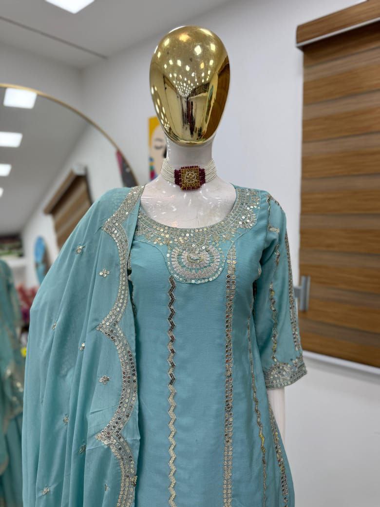 Sky Blue Color Embroidery with Sequins Work Sharara Suit