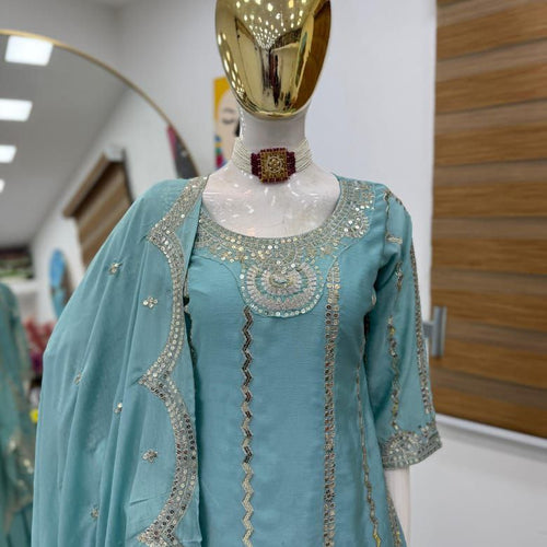 Sky Blue Color Embroidery with Sequins Work Sharara Suit