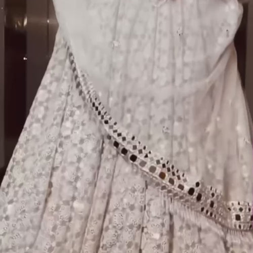 White Color Heavy Thread With Papper Mirror Work Designer Lehenga Choli