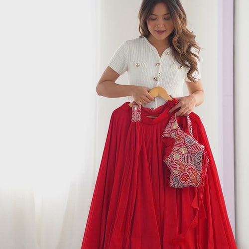 Red Color Embroidery Sequins work Georgette Lehenga Choli