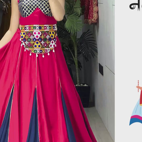 Pink-Blue Color Kutchi Work Ready To Wear Rayon Navratri Lehenga Choli