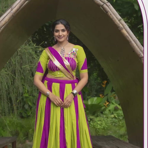 Green-Purple Color Gamthi Work Ready To Wear Rayon Navratri Lehenga Choli