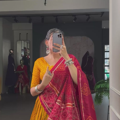 Beige Color Silk Bandhej Printed Navratri Lehenga Choli