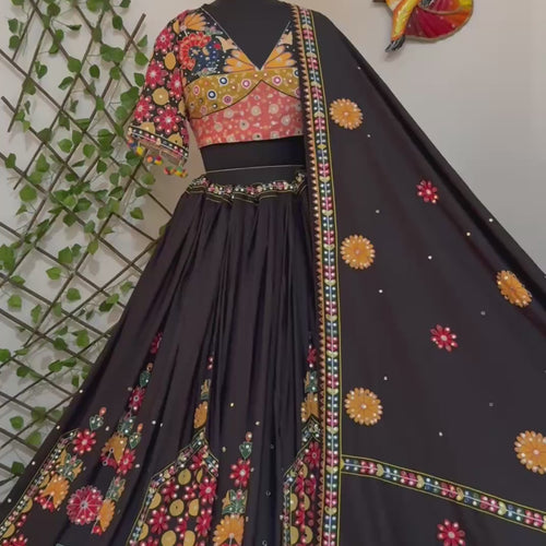 Black Color Digital Printed Mirror Work Navratri Lehenga Choli