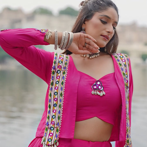 Pink Color Pure Rayon Gamthi Work Navratri Lehenga Choli