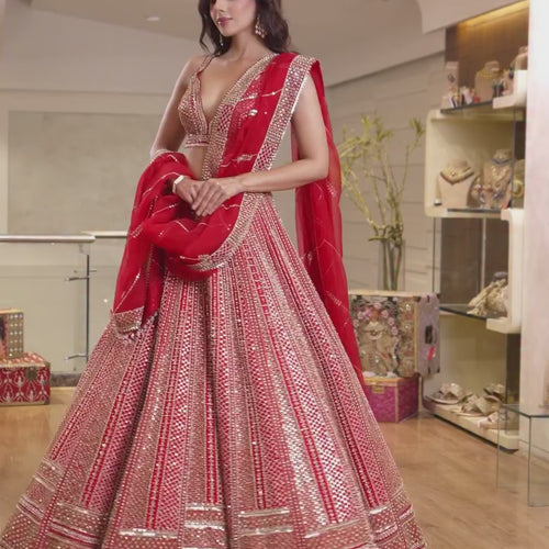 Red Color Heavy Sequence Work Designer Wedding Wear Lehenga