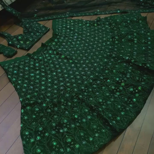 Green Color Thread With Sequins Work  Designer Lehenga Choli