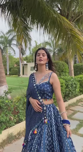 Navy Blue Color Maslin With Printed Designer Lehenga Choli