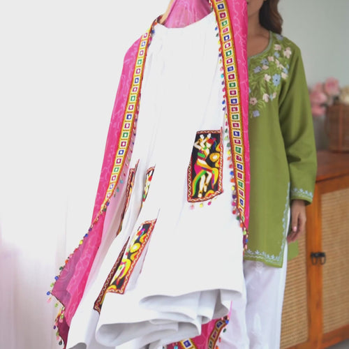 White Color Gamthi Work Rayon Navratri Lehenga Choli