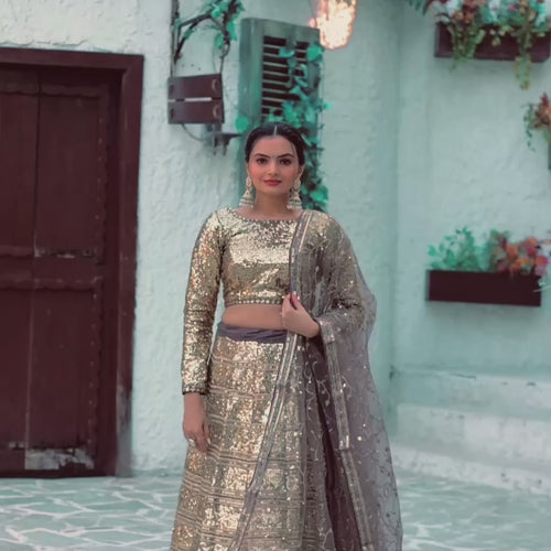 Golden Color Heavy  Sequence Work Designer Wedding Wear Lehenga Choli