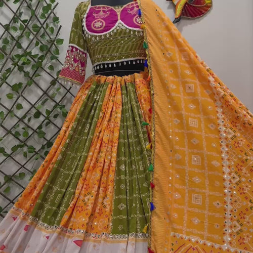 Green-Yellow Color Digital Printed Mirror Work Navratri Chaniya Choli