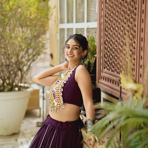 Wine Color Rayon Gamthi Work Navratri Lehenga Choli