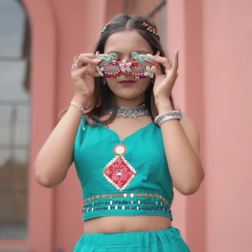 Rama Blue Color Khadi Cotton Navratri Lehenga Choli