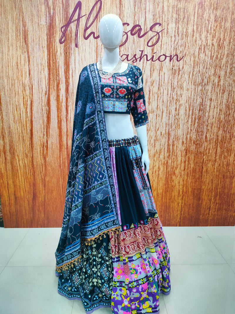 Nevy Blue Color Muslin Cotton With Digital Print Real Mirror Lehenga Choli Set