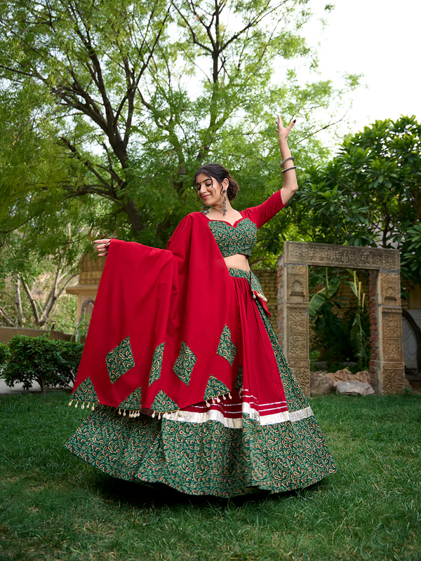 Green Color Pure Cotton Gotta Patti Work Navratri Lehenga Choli Ready To Wear Set