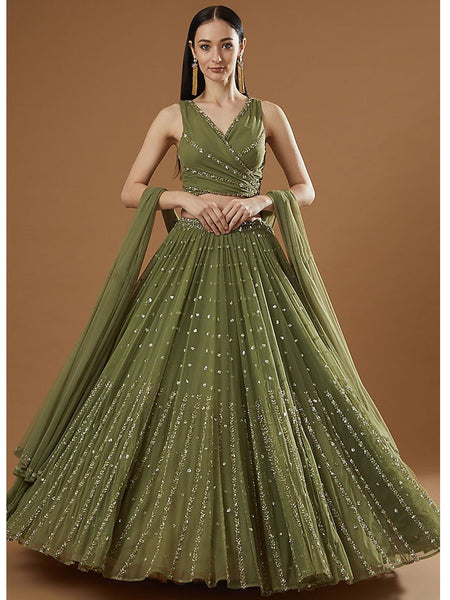 Green Color Sequins Embroidery Work Designer Georgette Lehenga Choli