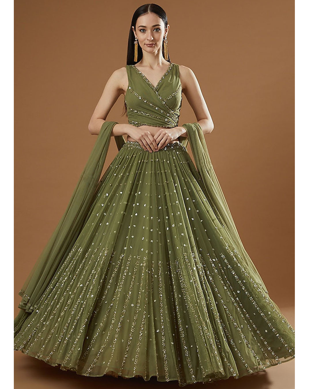 Green Color Sequins Embroidery Work Designer Georgette Lehenga Choli