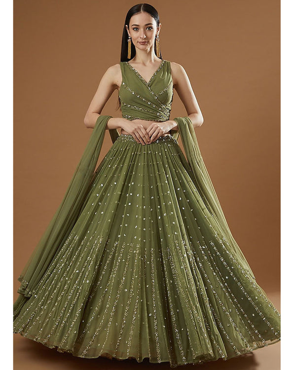 Green Color Sequence Embroidery Work Designer Georgette Lehenga Choli