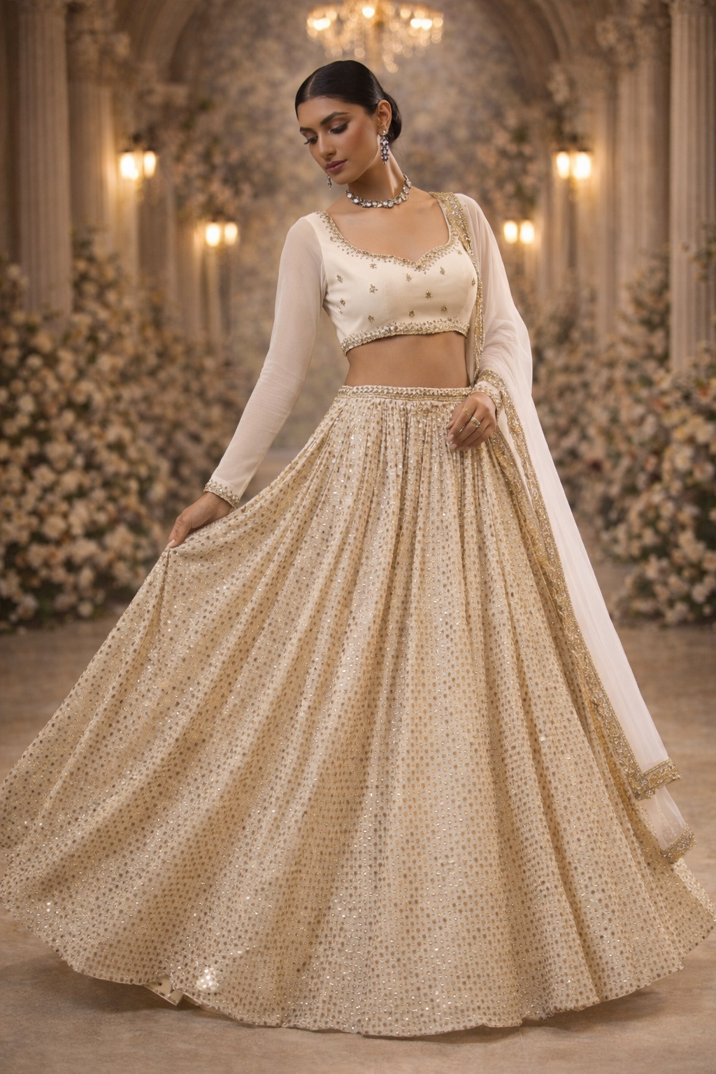 White Sequin Party Wear Lehenga for Women