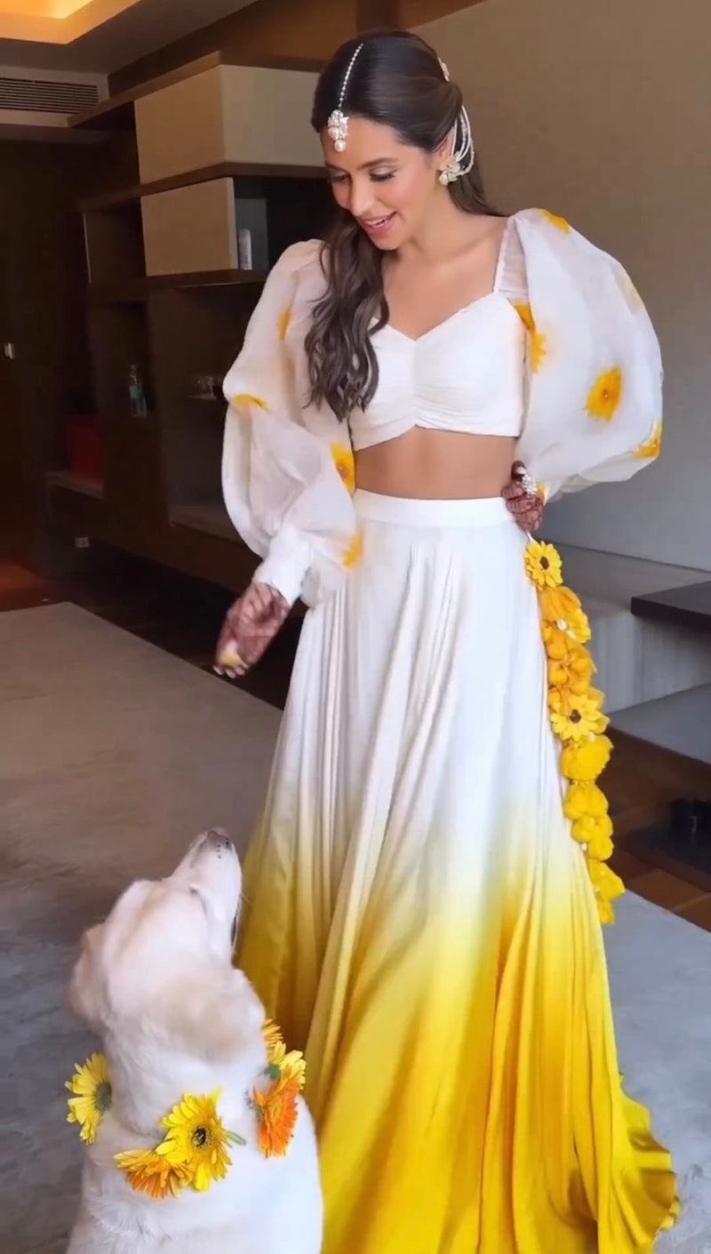 Yellow - White Haldi Designer Satin Silk Lehenga with Floral Print Top