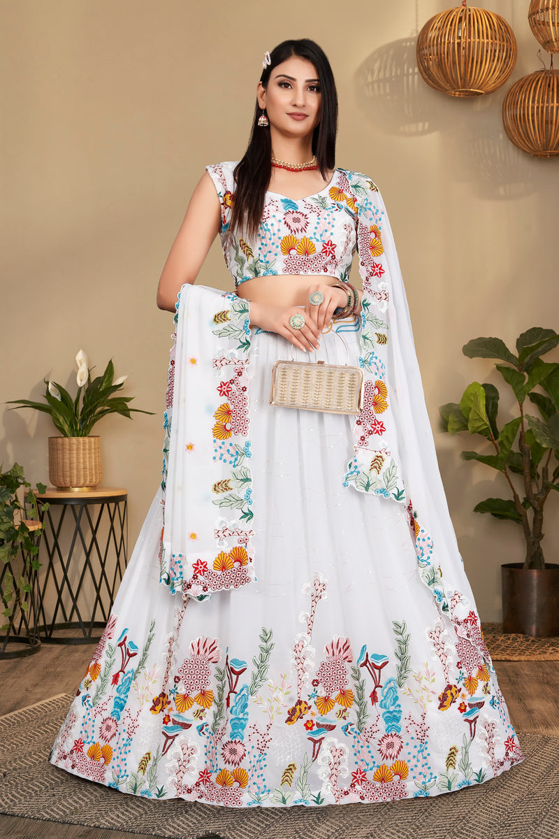 White Color Designer Sequence Floral Embroidered Georgette Lehenga
