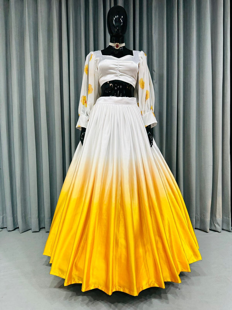 Yellow - White Haldi Designer Satin Silk Lehenga with Floral Print Top