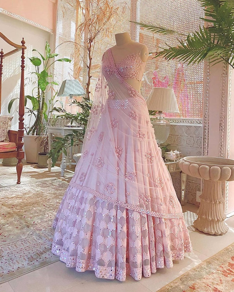 Baby Pink Party Wear Heavy Net Embroidered Trendy Lehenga Choli Set