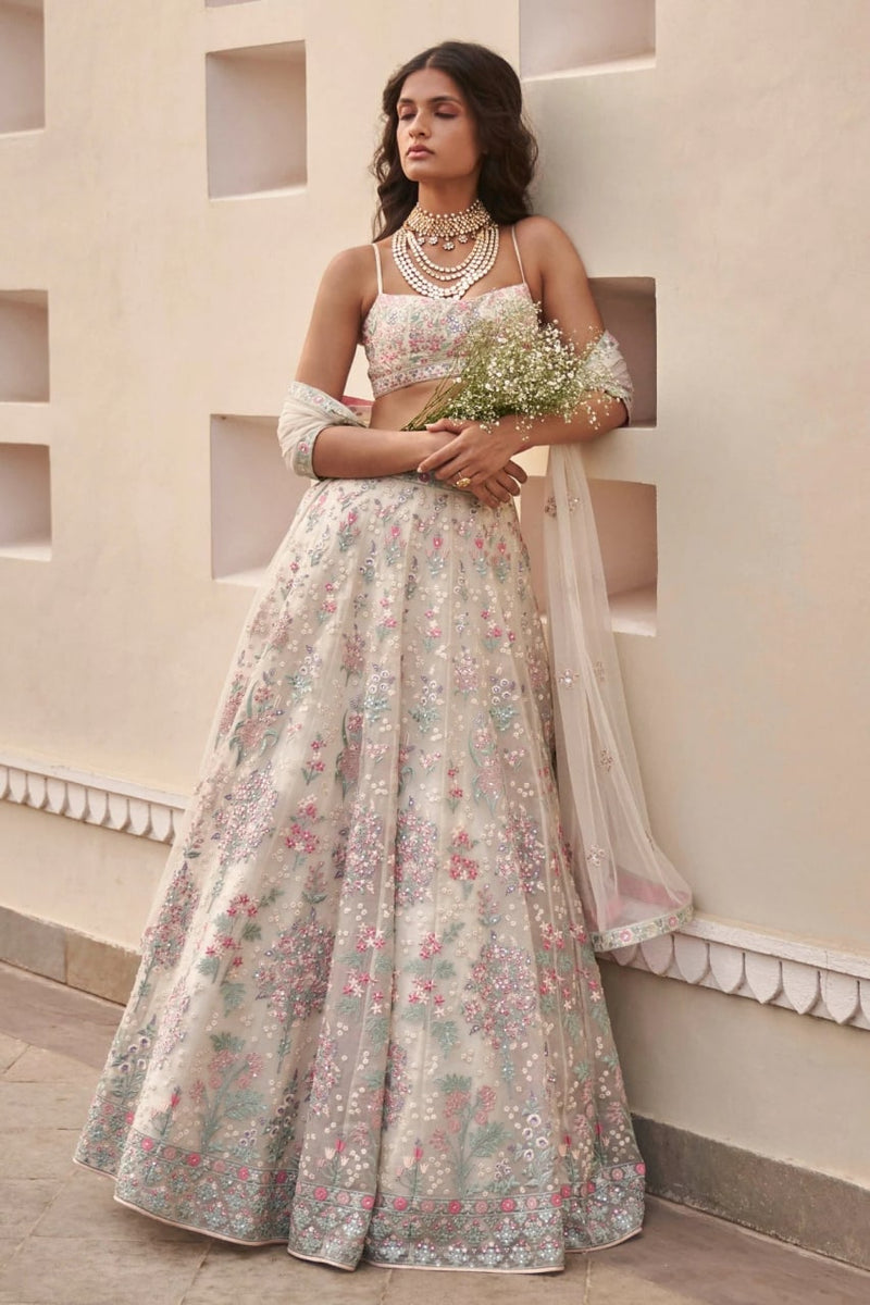 Off White Color Embroidered Heavy Trendy Wedding Wear Lehenga